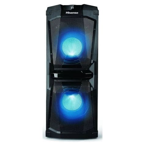 HISENSE HP120 Party Speaker, Power Output: 200W; Line in (3.5mm); FM PLL Radio; Bluetooth; USB Playback x1; USB Changing x1; LED Display; Flashing LED Speakers; RCA Input; Karaoke Input x1; Guitar Input x1; EQ; True-Wireless Stereo Wired Party Chain; Bass Boost; 6.5” Woofer x2, 2” Tweeter x2